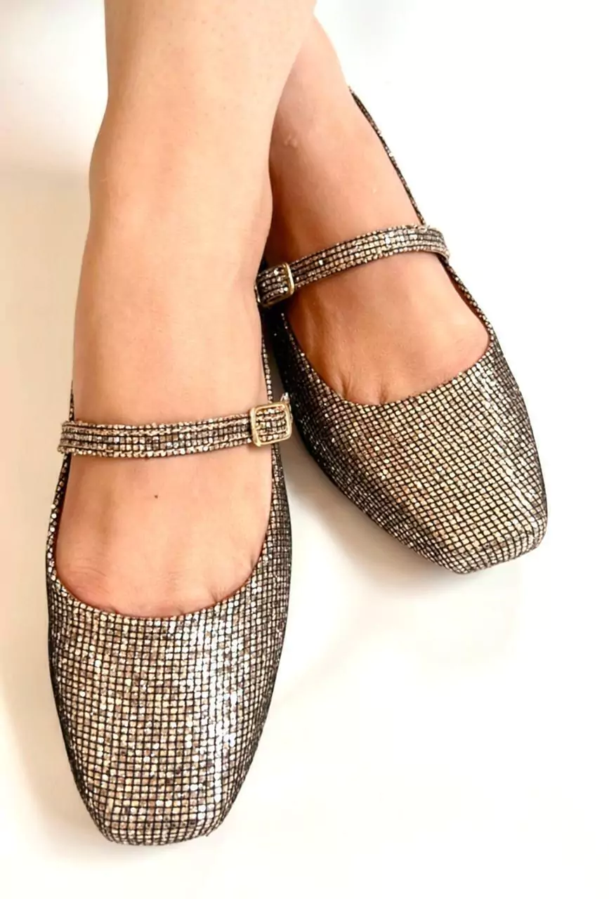 Sapatilha Bico Quadrado Glitter feminina Ouro Velho