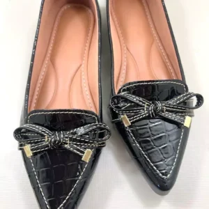 Sapatilha Croco Feminina Verniz Preto Com Lacinho