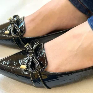 Sapatilha Croco Feminina Verniz Preto Com Lacinho