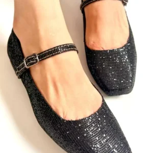 Sapatilha Bico Quadrado Glitter feminina Preto