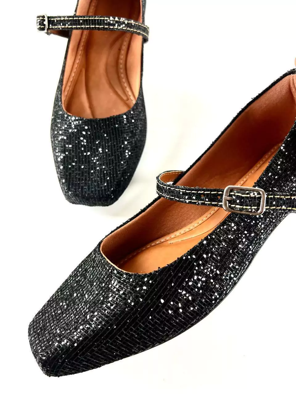 Sapatilha Bico Quadrado Glitter feminina Preto