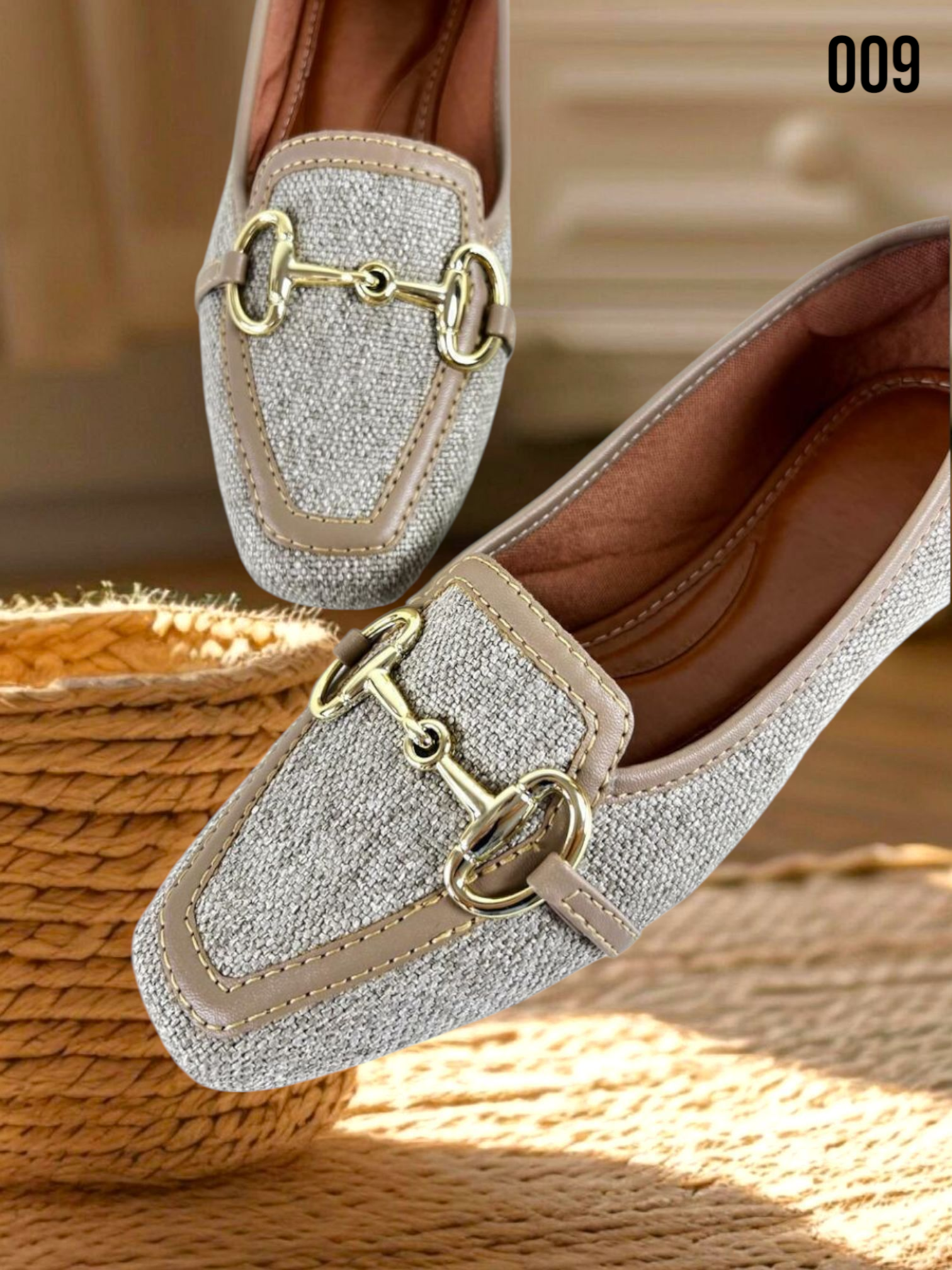 Mocassim Bico Quadrado Feminino Tecido Juta Cinza