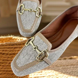 Mocassim Bico Quadrado Feminino Tecido Juta Cinza