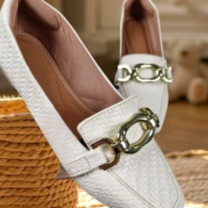 Mocassim Bico Quadrado Feminino Tresse Off White (Cod.043)