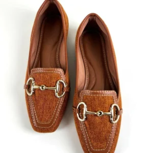 Mocassim Feminino Bico Quadrado Tecido Juta Caramelo