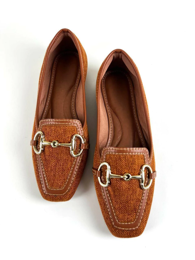 Mocassim Feminino Bico Quadrado Tecido Juta Caramelo
