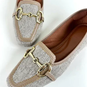 Mocassim Bico Quadrado Feminino Tecido Juta Cinza