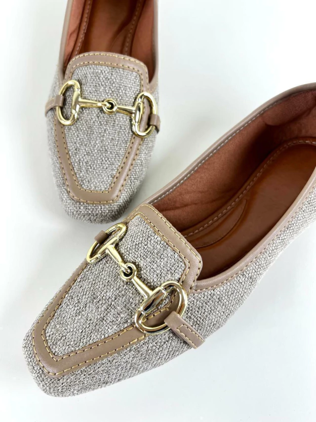 Mocassim Bico Quadrado Feminino Tecido Juta Cinza