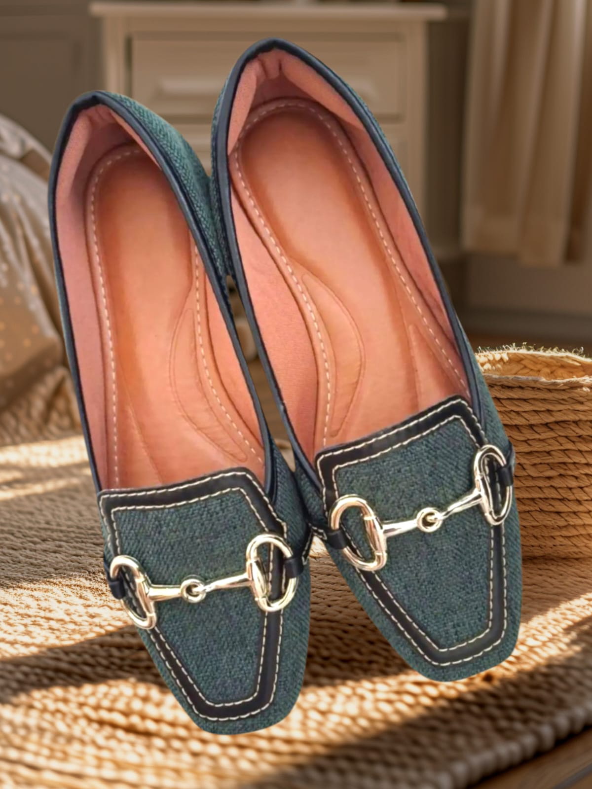 Mocassim Bico Quadrado Feminino Tecido Juta Verde (Cod.018)