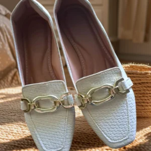 Mocassim Bico Quadrado Feminino Tresse Off White (Cod.043)