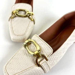 Mocassim Bico Quadrado Feminino Tresse Off White (Cod.043)