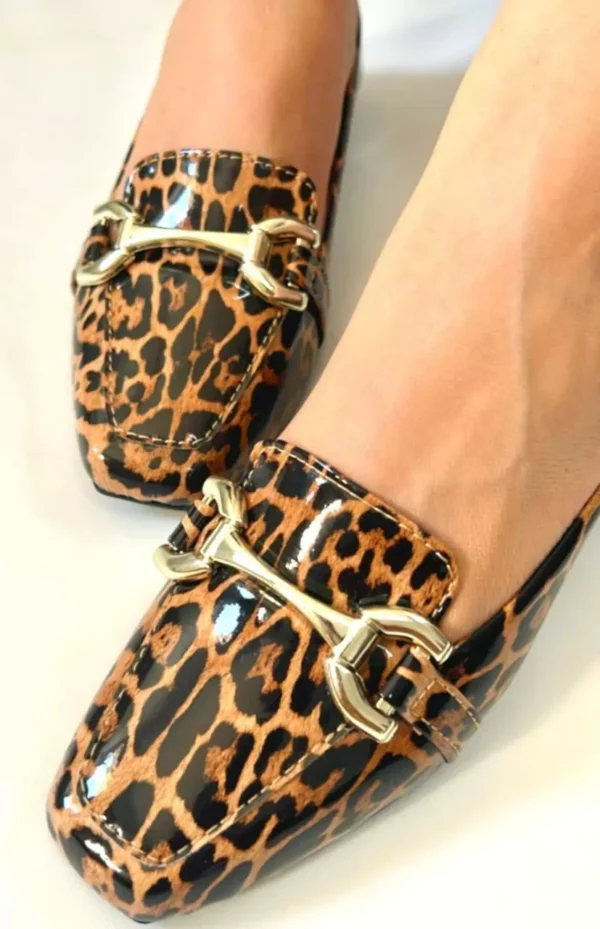 Sapatilha Mocassim feminina Bico quadrado Onça enfeite reto - Image 3