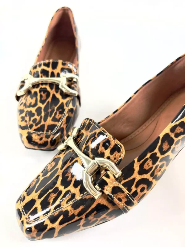 Sapatilha Mocassim feminina Bico quadrado Onça enfeite reto - Image 4