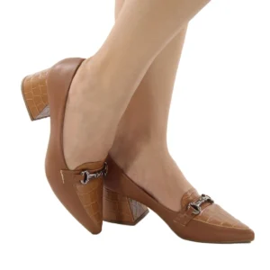 Scarpin feminino Caramelo Croco Salto Bloco