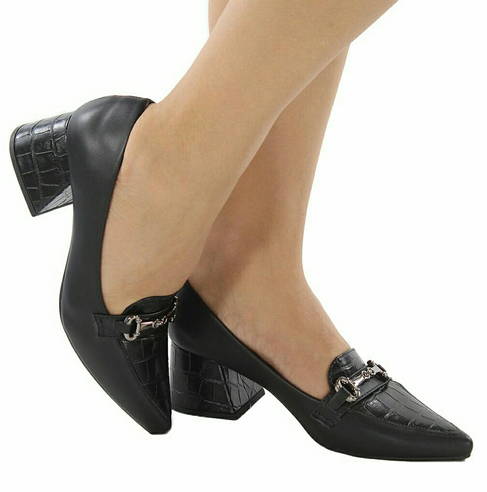 Scarpin feminino Preto Croco Salto Bloco