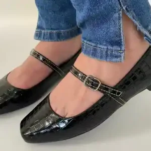 Sapatilha Preta Verniz Croco Feminina Bico quadrado