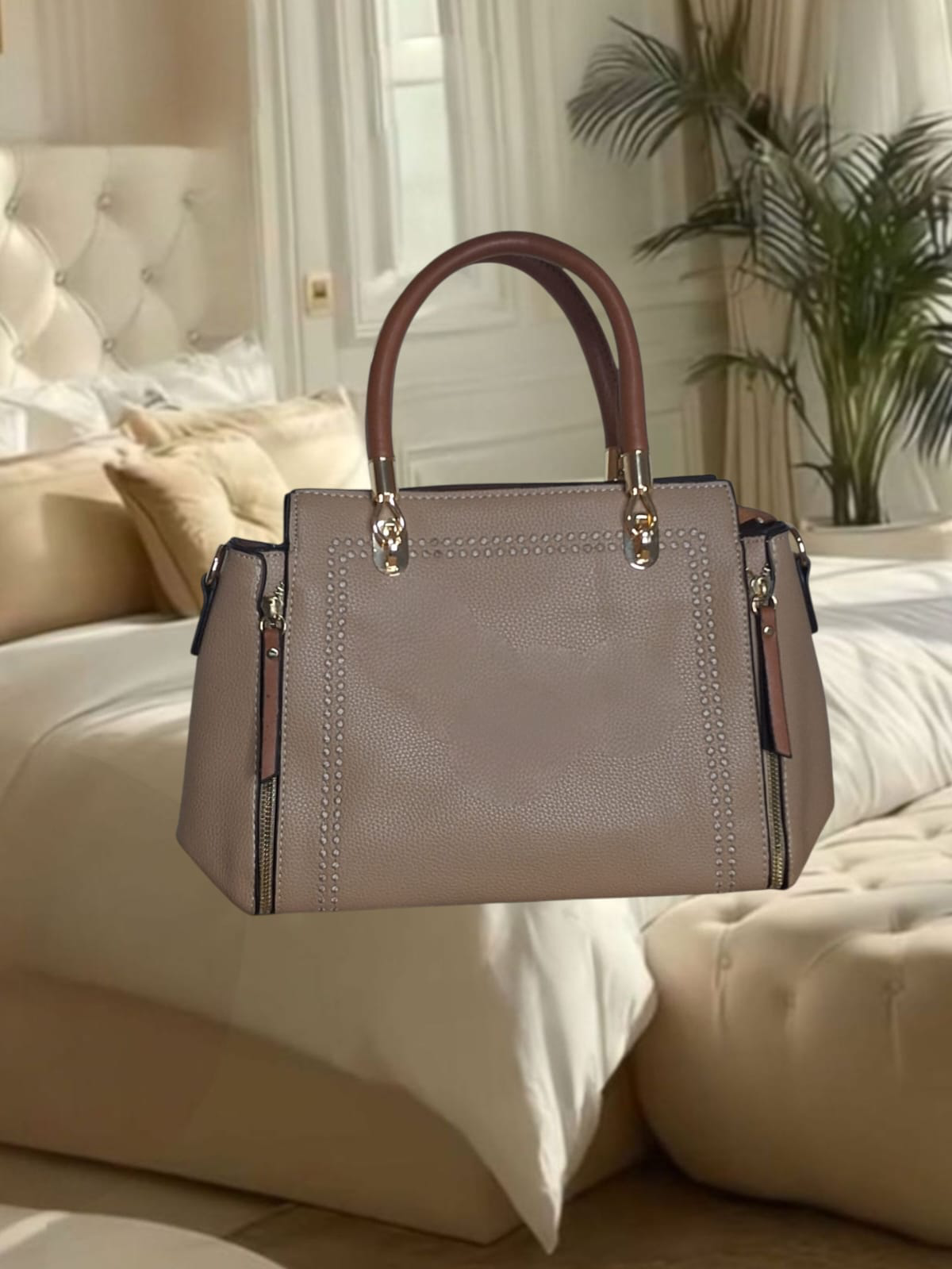 Bolsa feminina caqui com alca marron (27 cm)