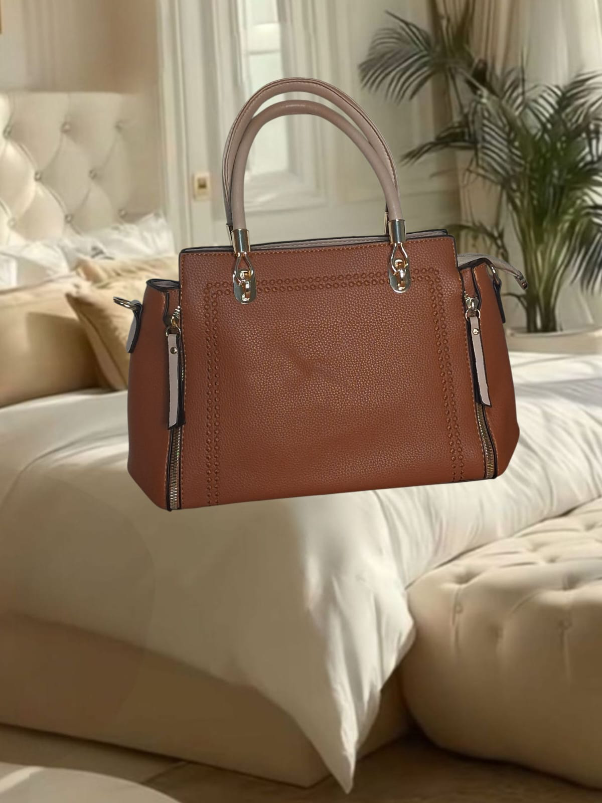 Bolsa feminina marron com alca caqui (27 cm)