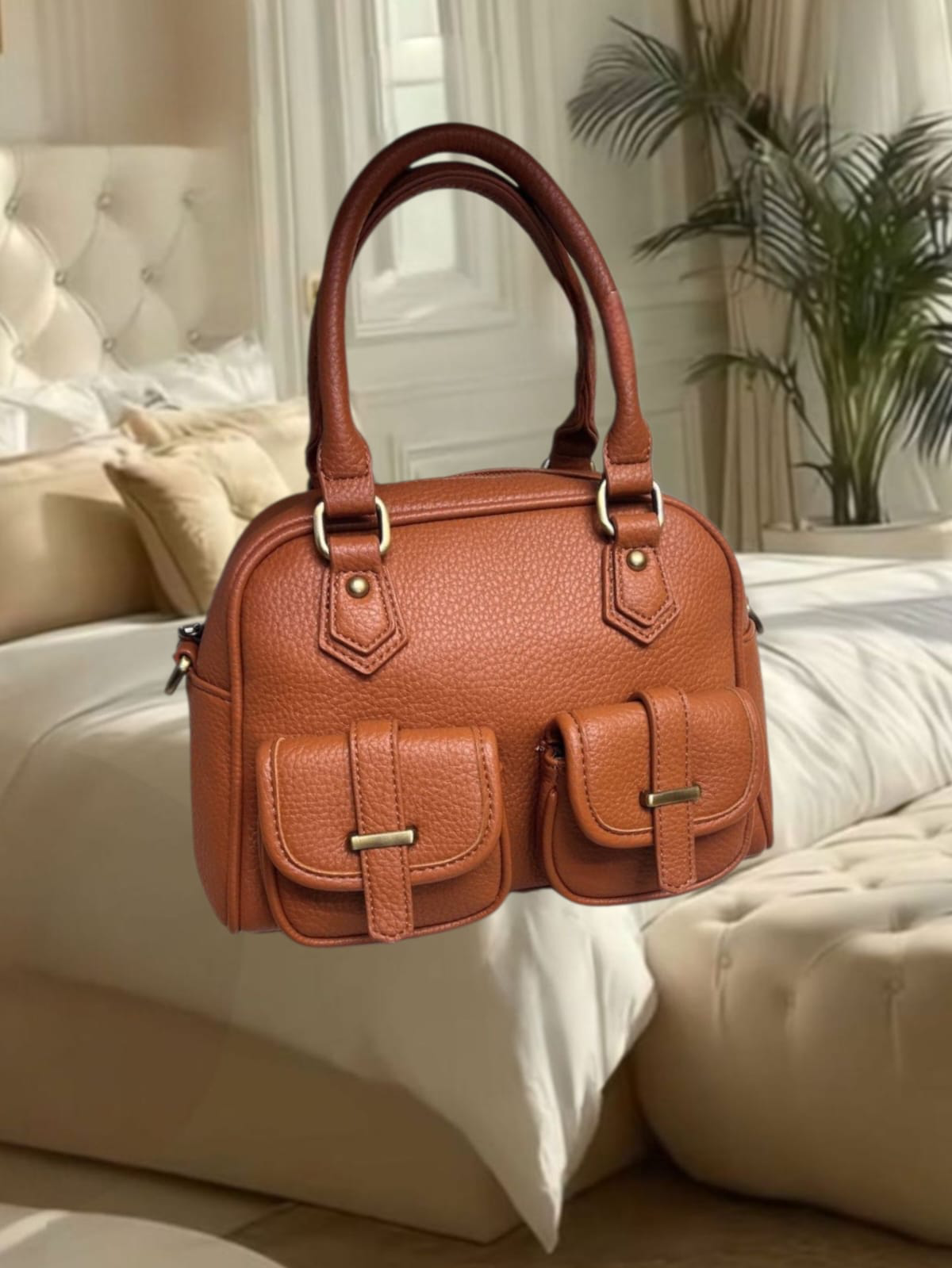 Bolsa feminina cor caramelo com bolsos (27 cm)