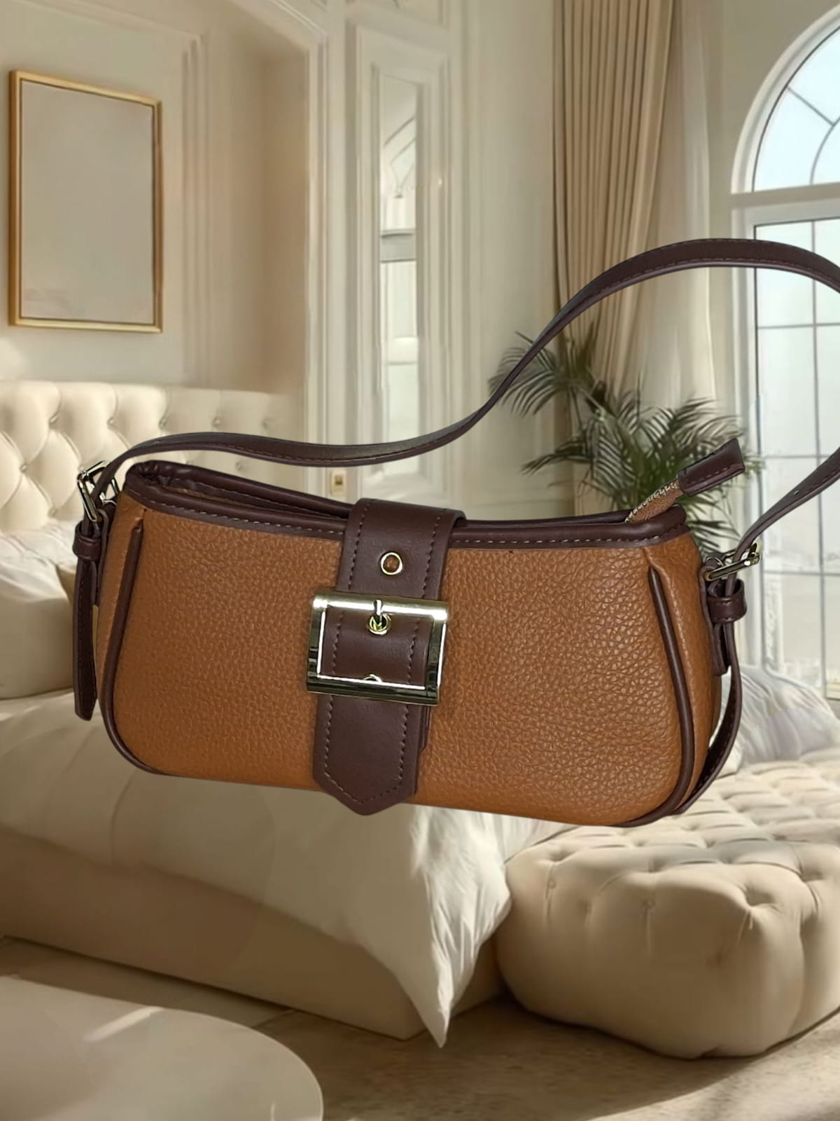 Bolsa feminina estilo baguete, caramelo com alça e detalhes no marron (27 cm)